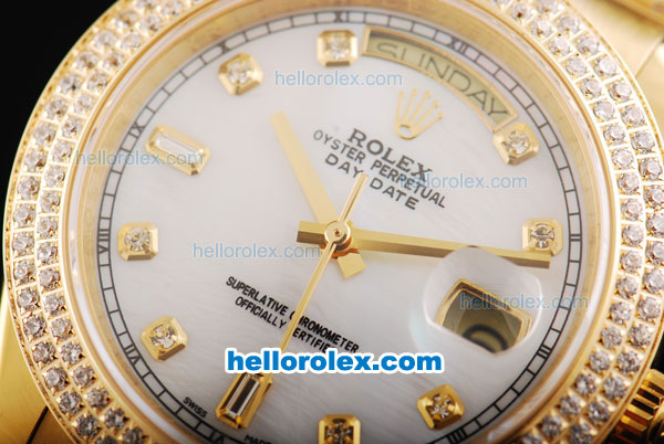 Rolex Day-Date II Automatic Movement Full Gold with Double Row Diamond Bezel-White MOP Dial and Diamond Markers - Click Image to Close